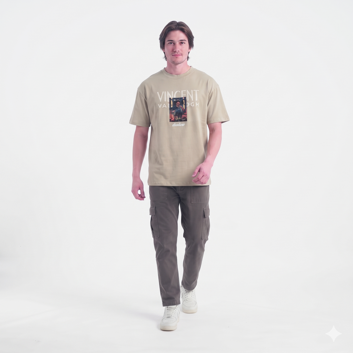 Clothora Men's Beige Saw Soul Van Gogh Art Print Oversized T-Shirt | Aesthetic Streetwear Tee(1055)