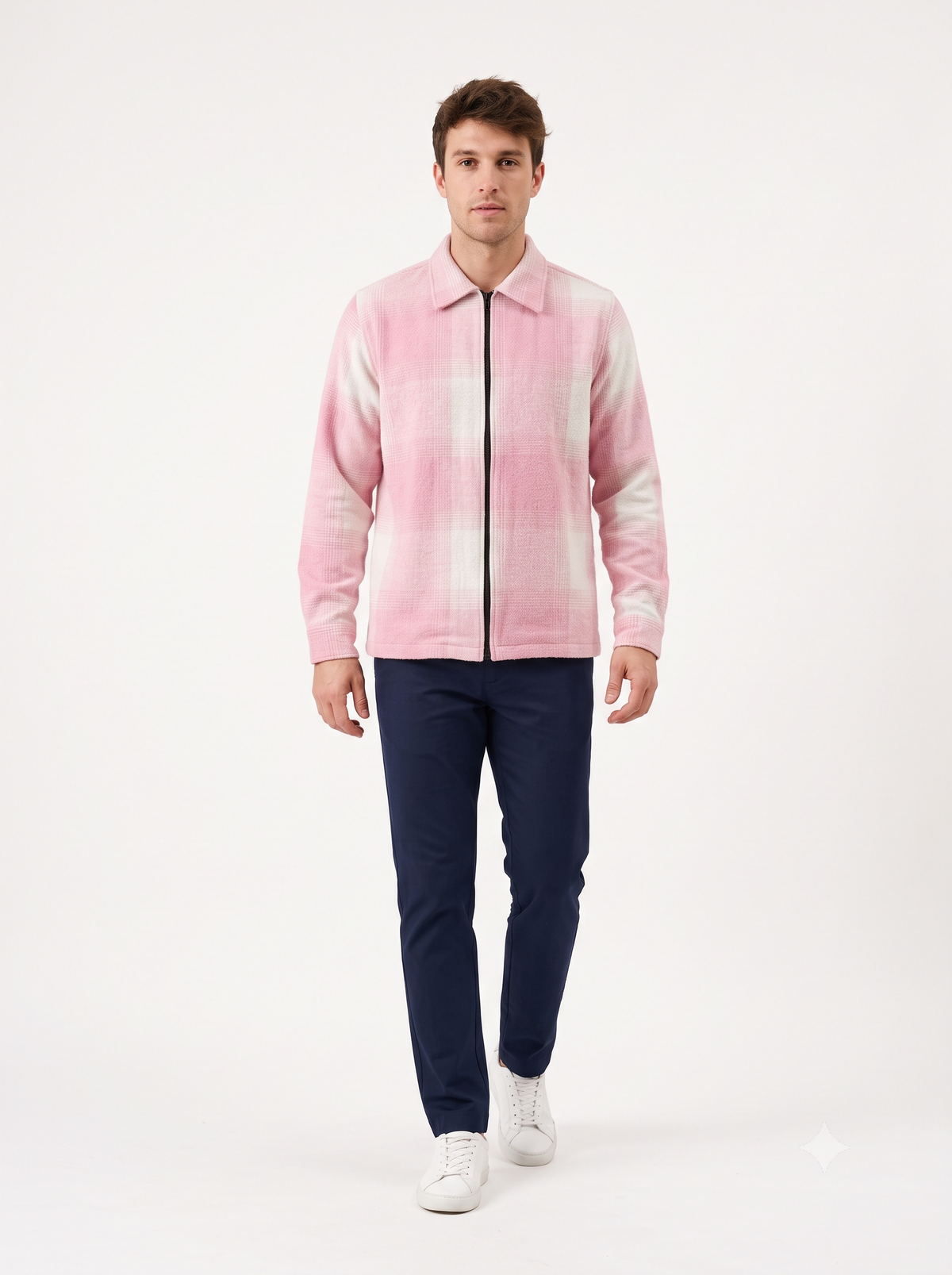 LIGHT PINK Men Vintage Checked Knitted Full-Zip Casual Overshirt Jacket | Classic Check Pattern Regular Fit Winter Over-Shirt(1052)