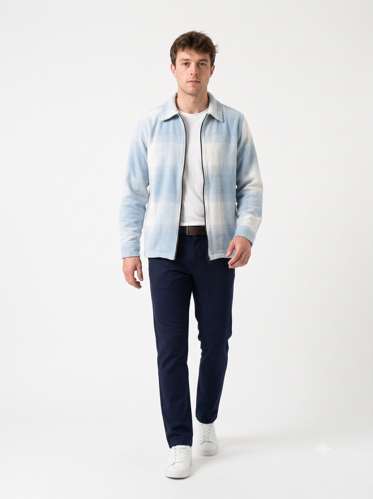 LIGHT BLUEMen Vintage Checked Knitted Full-Zip Casual Overshirt Jacket | Classic Check Pattern Regular Fit Winter Over-Shirt(1050)