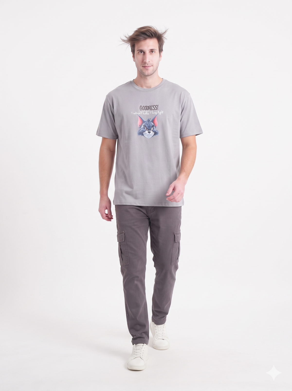 Clothora Men's Grey Goodness Grumpy Cat Graphic Oversized T-Shirt | Cartoon Streetwear Tee(1063)