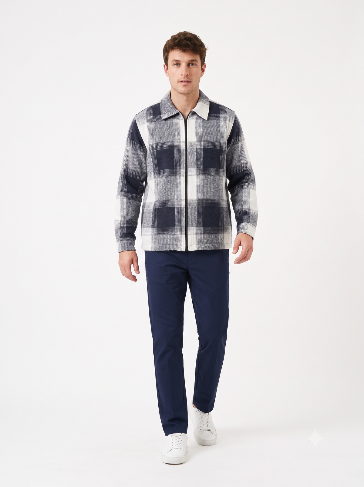 Men Vintage Checked Knitted Full-Zip Casual Overshirt Jacket | Classic Check Pattern Regular Fit Winter Over-Shirt(1049)