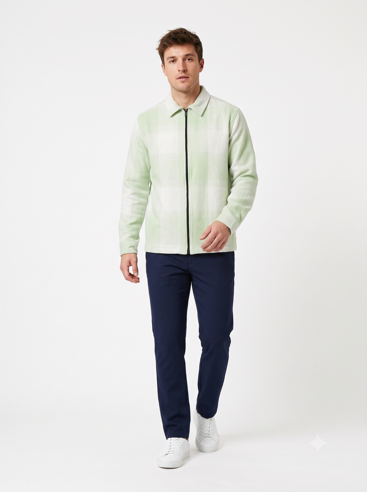 LIGHT GREEN Men Vintage Checked Knitted Full-Zip Casual Overshirt Jacket | Classic Check Pattern Regular Fit Winter Over-Shirt(1051)
