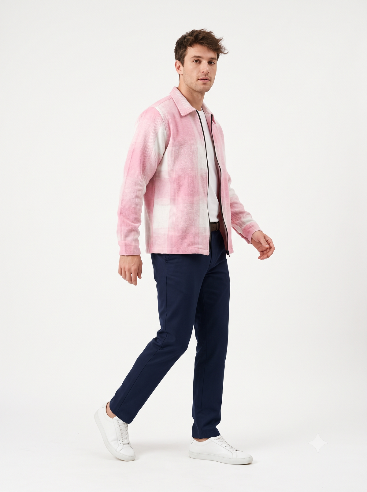 LIGHT PINK Men Vintage Checked Knitted Full-Zip Casual Overshirt Jacket | Classic Check Pattern Regular Fit Winter Over-Shirt(1052)