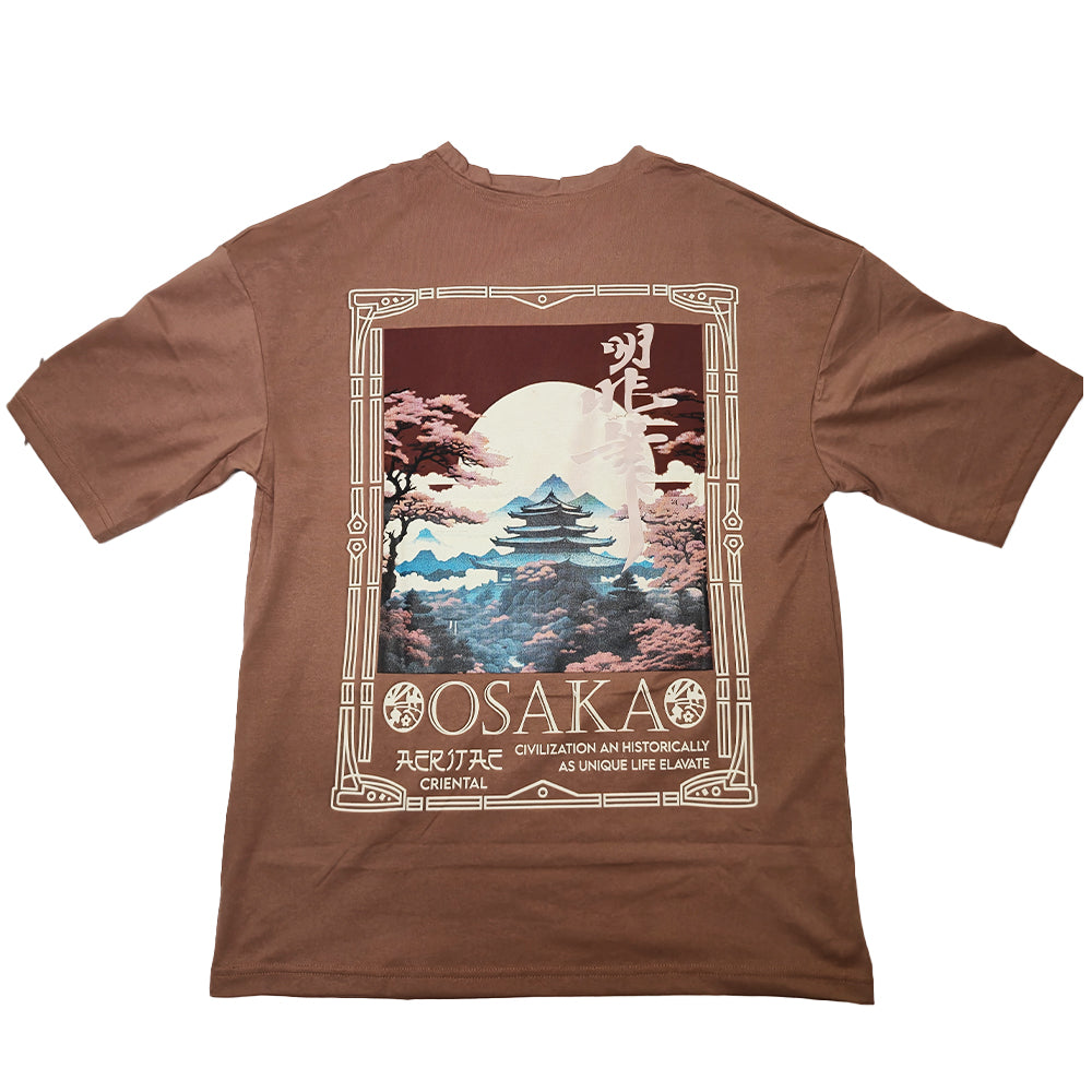 Clothora Men's Brown Osaka Graphic Printed Oversized T-Shirt | Heavyweight Streetwear Drop Shoulder Tee(1054)