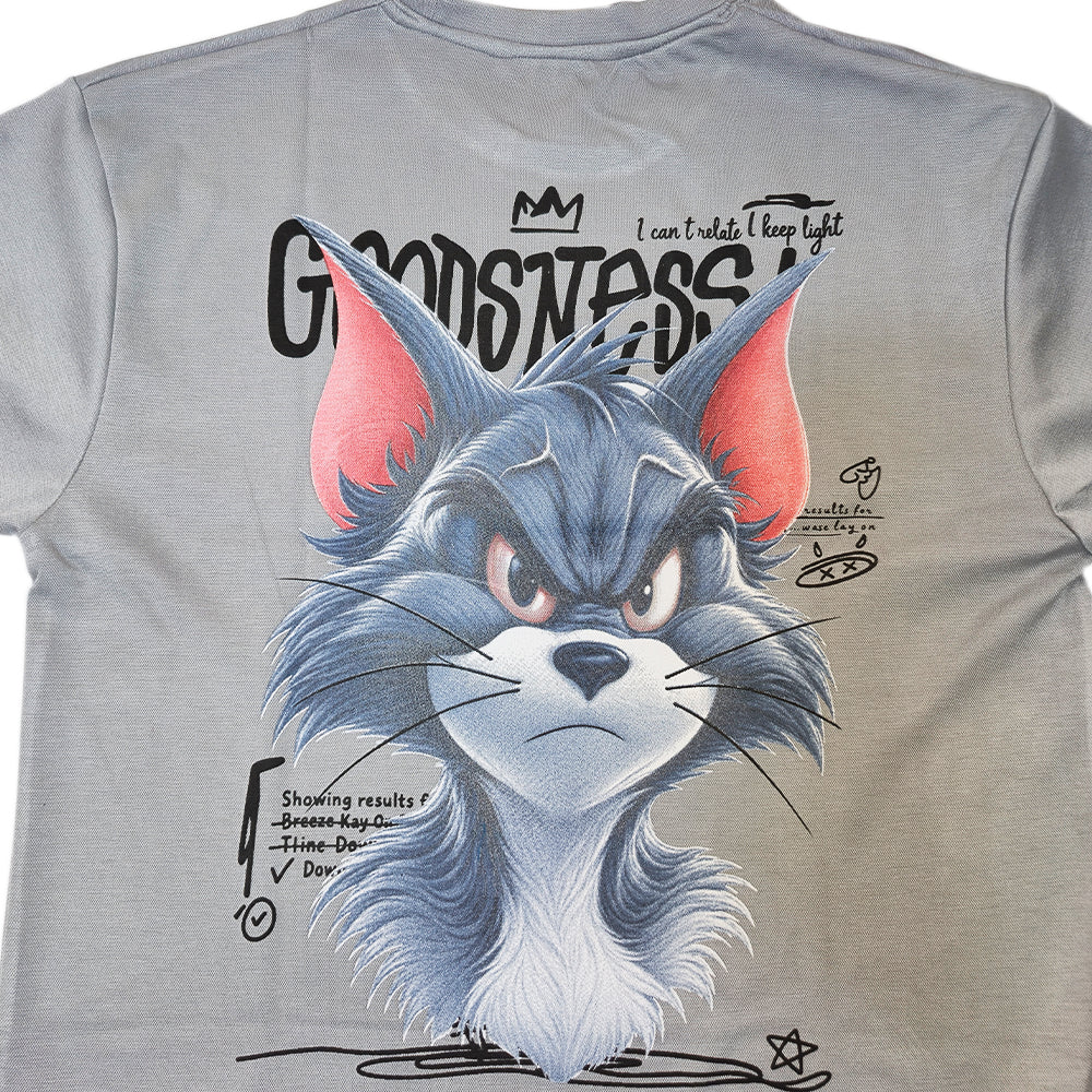 Clothora Men's Grey Goodness Grumpy Cat Graphic Oversized T-Shirt | Cartoon Streetwear Tee(1063)