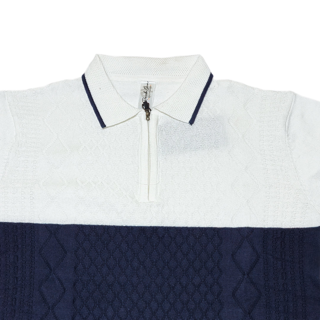 Men Solid Old Money Style Textured Knitted Colorblock Zip Collar Polo T-Shirt(1036)