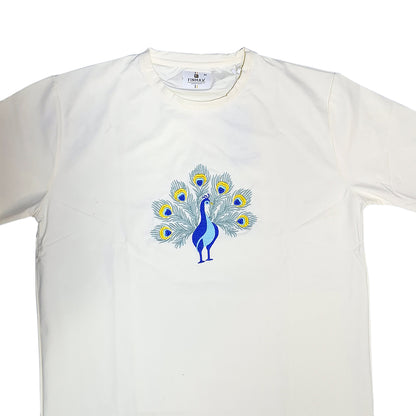 The Regal Peacock Embroidered Tee (Cream White)(1020)
