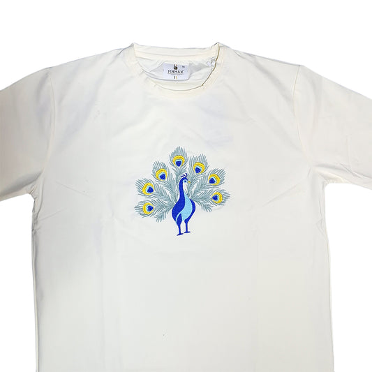 The Regal Peacock Embroidered Tee (Cream White)(1020)