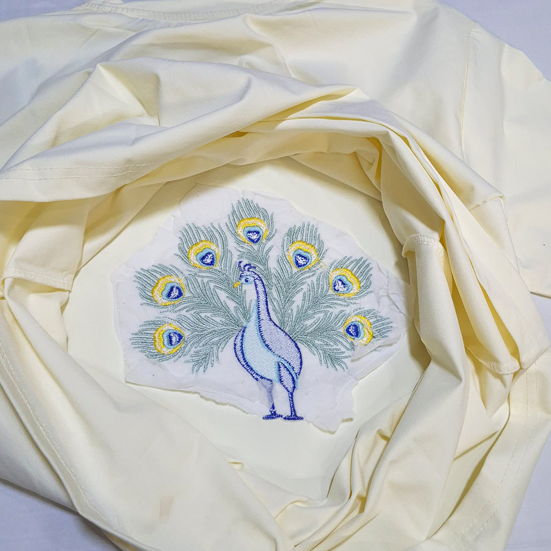 The Regal Peacock Embroidered Tee (Cream White)(1020)