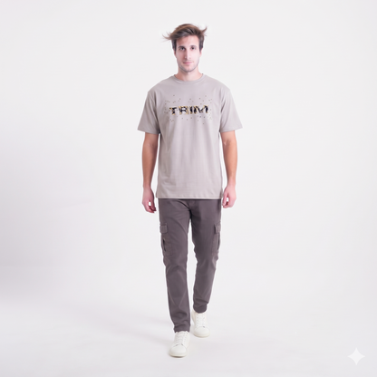 Clothora Men's Beige Trim Textured Studded Logo T-Shirt | Modern Streetwear Tee(1067)