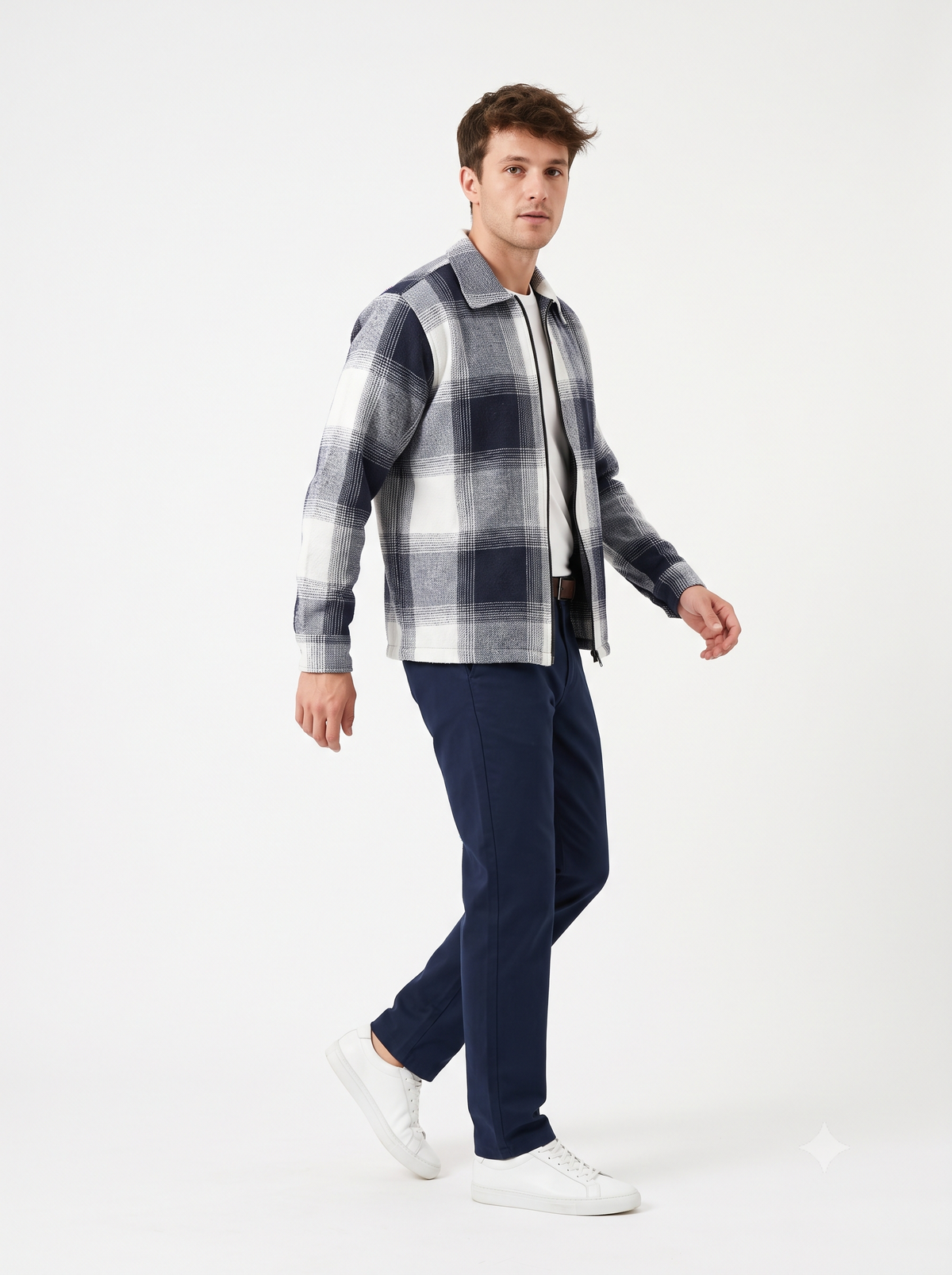 Men Vintage Checked Knitted Full-Zip Casual Overshirt Jacket | Classic Check Pattern Regular Fit Winter Over-Shirt(1049)