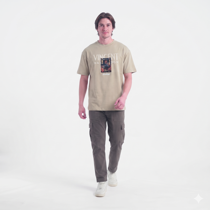 Clothora Men's Beige Saw Soul Van Gogh Art Print Oversized T-Shirt | Aesthetic Streetwear Tee(1055)