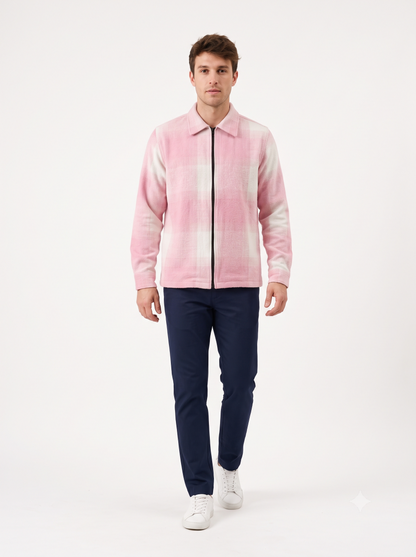 LIGHT PINK Men Vintage Checked Knitted Full-Zip Casual Overshirt Jacket | Classic Check Pattern Regular Fit Winter Over-Shirt(1052)