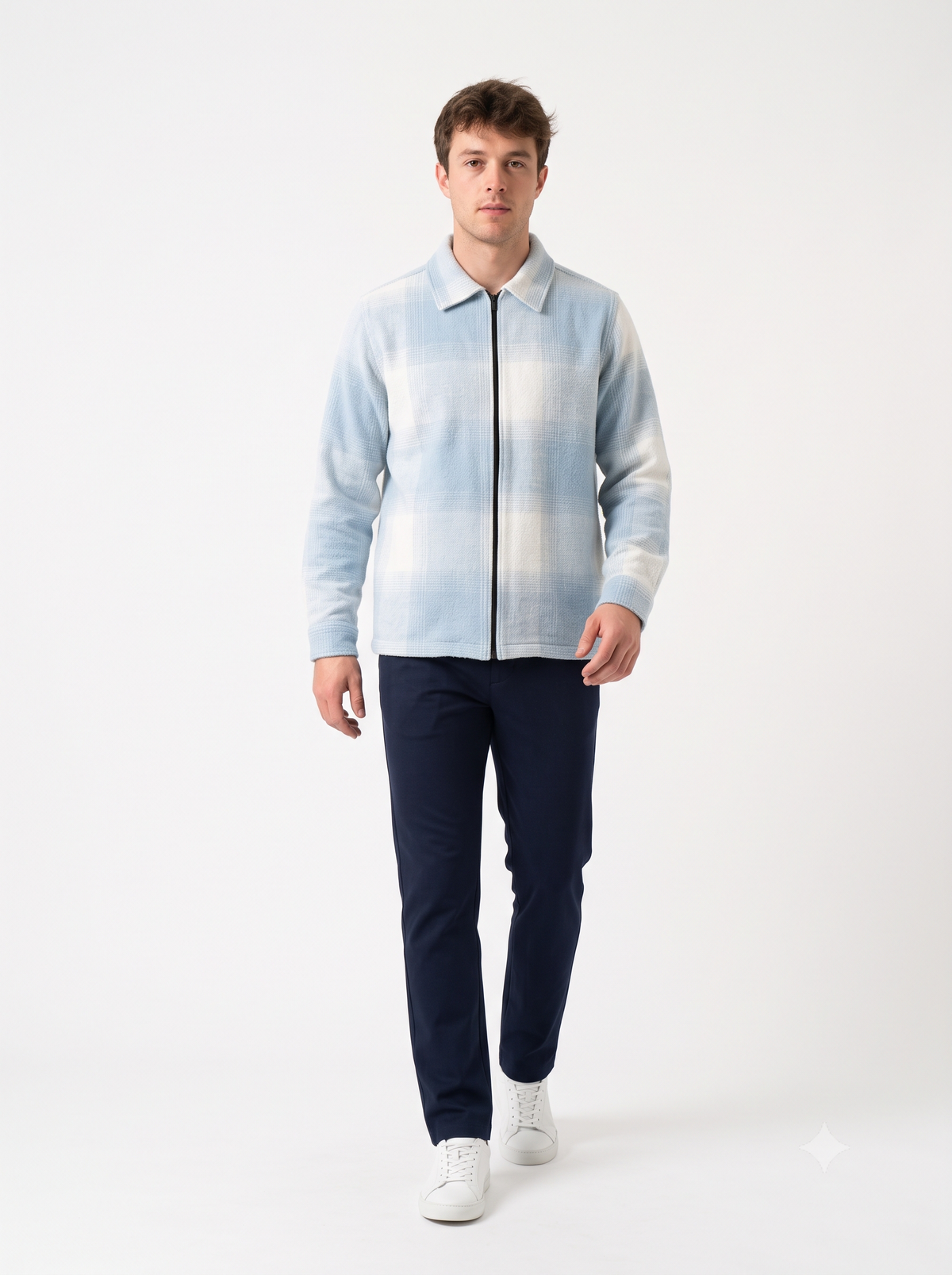 LIGHT BLUEMen Vintage Checked Knitted Full-Zip Casual Overshirt Jacket | Classic Check Pattern Regular Fit Winter Over-Shirt(1050)