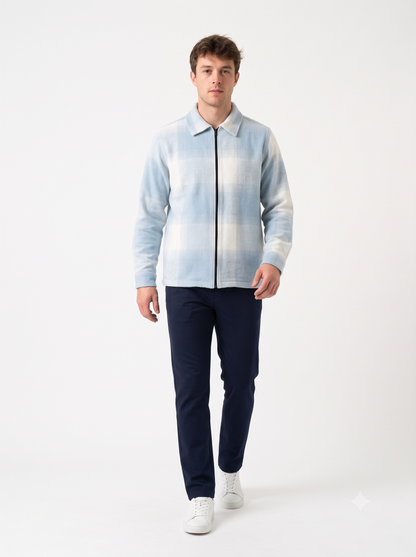 LIGHT BLUEMen Vintage Checked Knitted Full-Zip Casual Overshirt Jacket | Classic Check Pattern Regular Fit Winter Over-Shirt(1050)