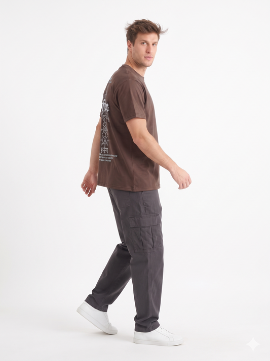 Clothora Men's Brown Inferior Rune Symbol Graphic Oversized T-Shirt | Heavyweight Streetwear Tee(1061)
