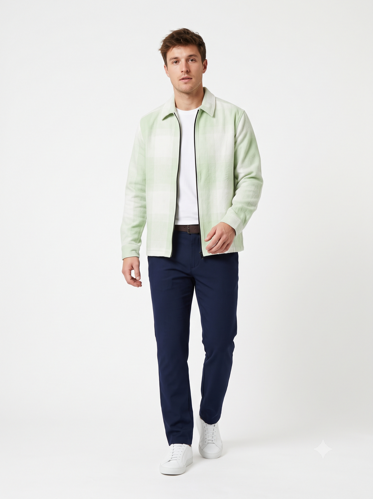 LIGHT GREEN Men Vintage Checked Knitted Full-Zip Casual Overshirt Jacket | Classic Check Pattern Regular Fit Winter Over-Shirt(1051)