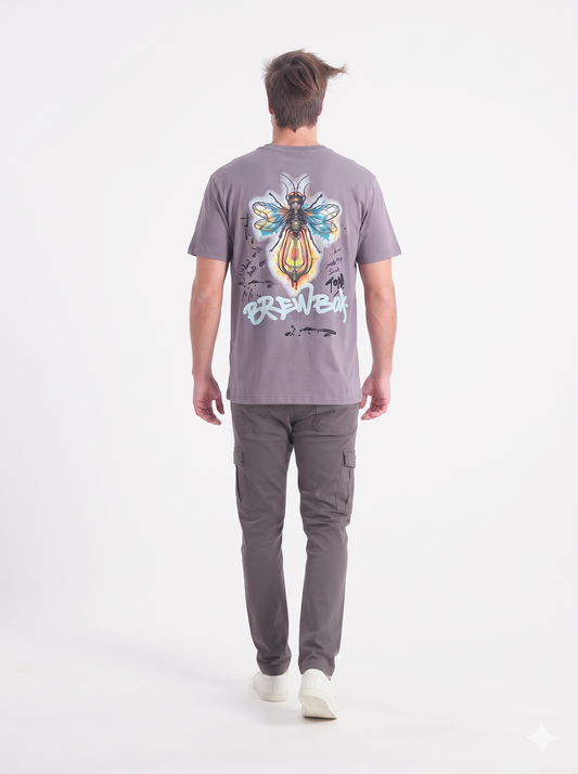 Clothora Men's Mauve Purple Brewbox Neon Bee Graphic Oversized T-Shirt | Aesthetic Streetwear Tee(1064)
