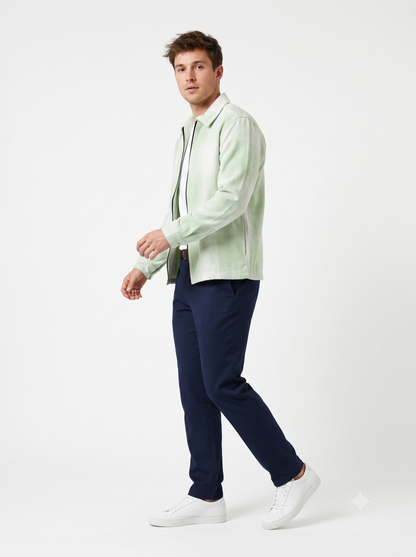 LIGHT GREEN Men Vintage Checked Knitted Full-Zip Casual Overshirt Jacket | Classic Check Pattern Regular Fit Winter Over-Shirt(1051)
