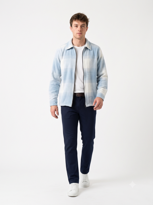 LIGHT BLUEMen Vintage Checked Knitted Full-Zip Casual Overshirt Jacket | Classic Check Pattern Regular Fit Winter Over-Shirt(1050)