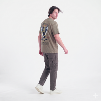 Clothora Men's Sage Green Rivermouth Club Marlin Fish Graphic Oversized T-Shirt | 1057