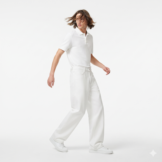 Clothora Men's Off-White Wide-Leg Baggy Denim Jeans | Minimalist Streetwear Loose Fit Pants(2014)