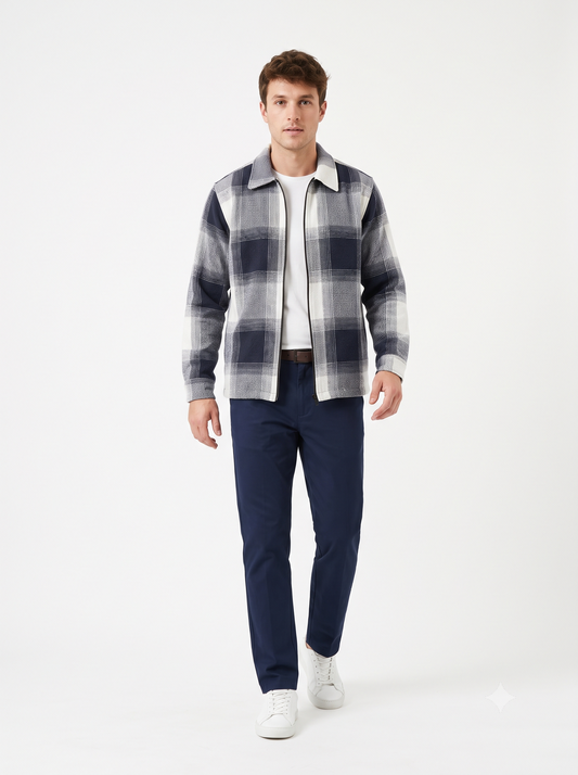 Men Vintage Checked Knitted Full-Zip Casual Overshirt Jacket | Classic Check Pattern Regular Fit Winter Over-Shirt