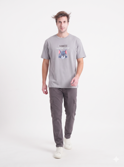 Clothora Men's Grey Goodness Grumpy Cat Graphic Oversized T-Shirt | Cartoon Streetwear Tee(1063)