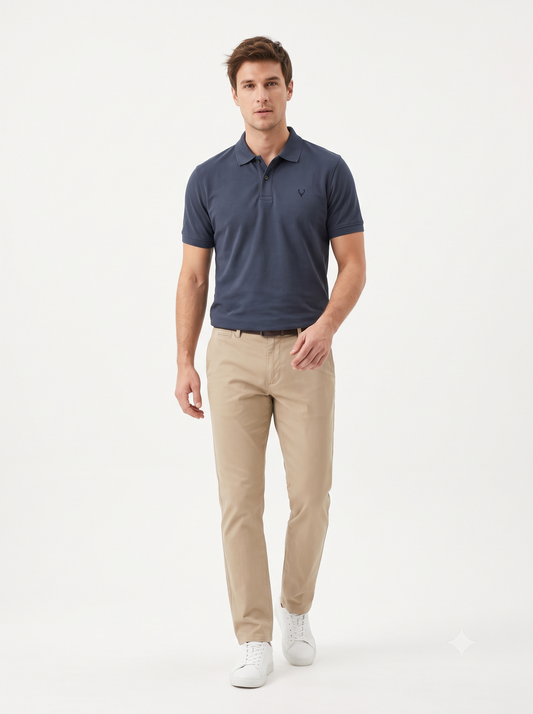 DARK BLUE Wild Clothing Men Solid Old Money Style Textured Knitted Button Collar Polo T-Shirt (1030))