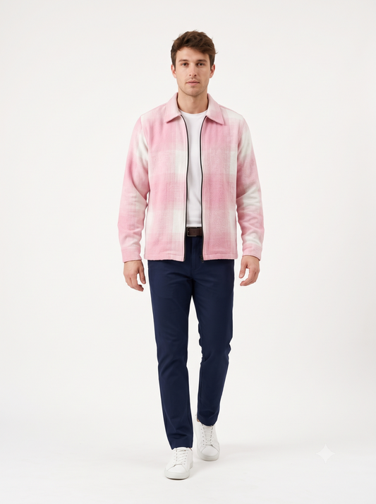 LIGHT PINK Men Vintage Checked Knitted Full-Zip Casual Overshirt Jacket | Classic Check Pattern Regular Fit Winter Over-Shirt(1052)