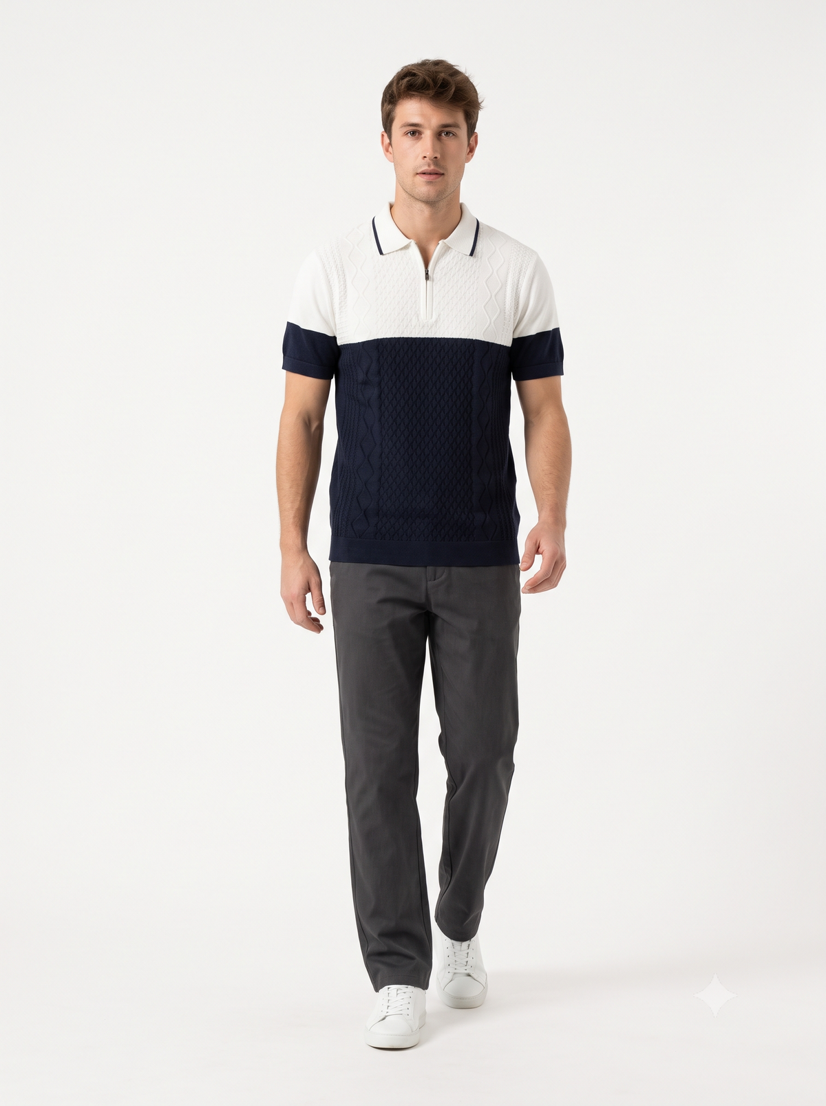 Men Solid Old Money Style Textured Knitted Colorblock Zip Collar Polo T-Shirt(1036)