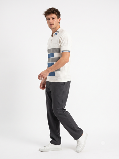 Men Solid Old Money Style Textured Knitted Zip Collar Polo T-Shirt (1035))