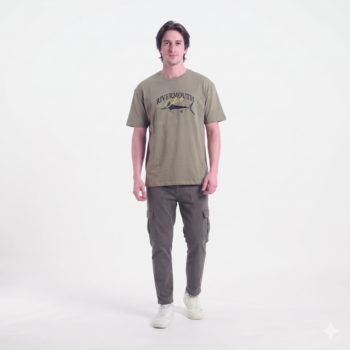 Clothora Men's Sage Green Rivermouth Club Marlin Fish Graphic Oversized T-Shirt | 1057
