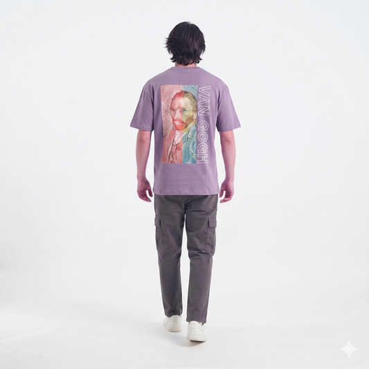 Clothora Men's Purple Van Gogh Split-Portrait Graphic Oversized T-Shirt | Aesthetulder Teic Streetwear Drop Shoe(1060)
