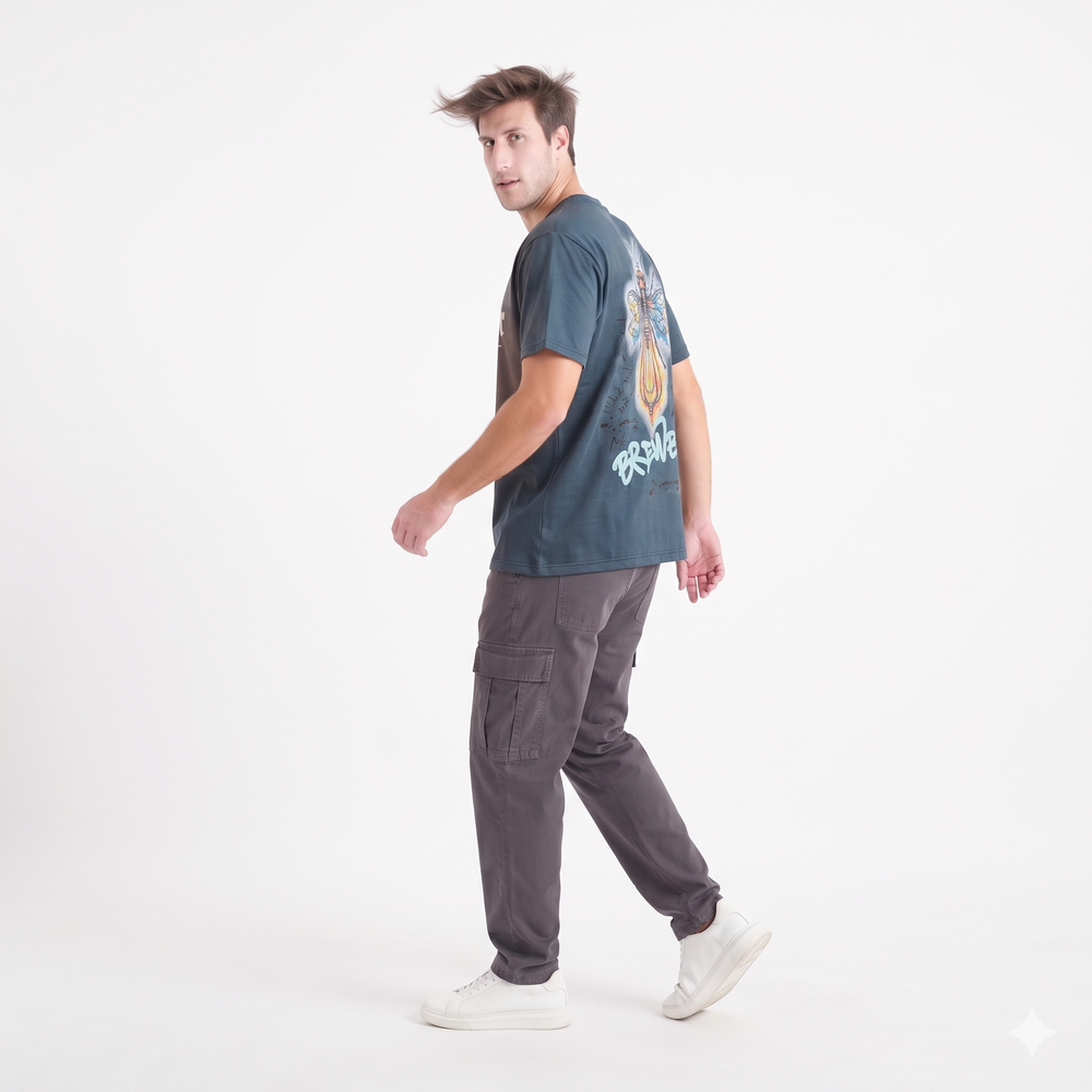 Clothora Men's Teal Brewbox Neon Bee Lightbulb Graphic Oversized T-Shirt | Streetwear Tee