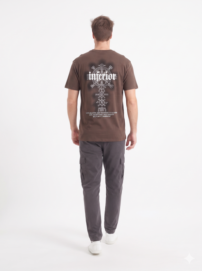 Clothora Men's Brown Inferior Rune Symbol Graphic Oversized T-Shirt | Heavyweight Streetwear Tee(1061)