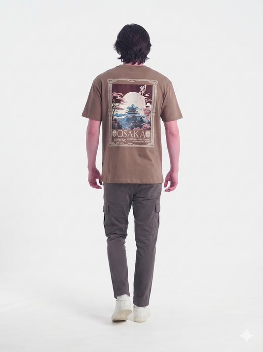 Clothora Men's Brown Osaka Graphic Printed Oversized T-Shirt | Heavyweight Streetwear Drop Shoulder Tee(1054)