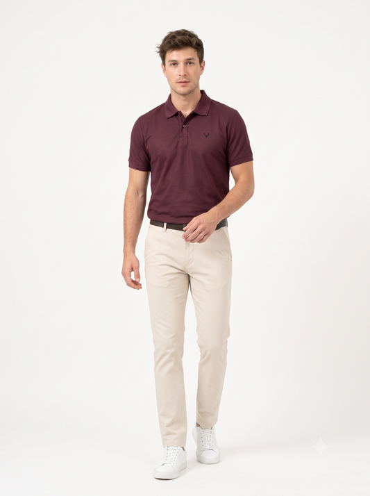 WINE Wild Clothing Men Solid Old Money Style Textured Knitted Button Collar Polo T-Shirt (1034))