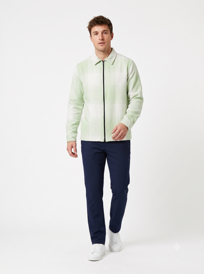LIGHT GREEN Men Vintage Checked Knitted Full-Zip Casual Overshirt Jacket | Classic Check Pattern Regular Fit Winter Over-Shirt(1051)