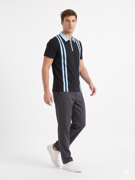 The Night Owl Zipper Polo (Black / Sky Blue)(1016)