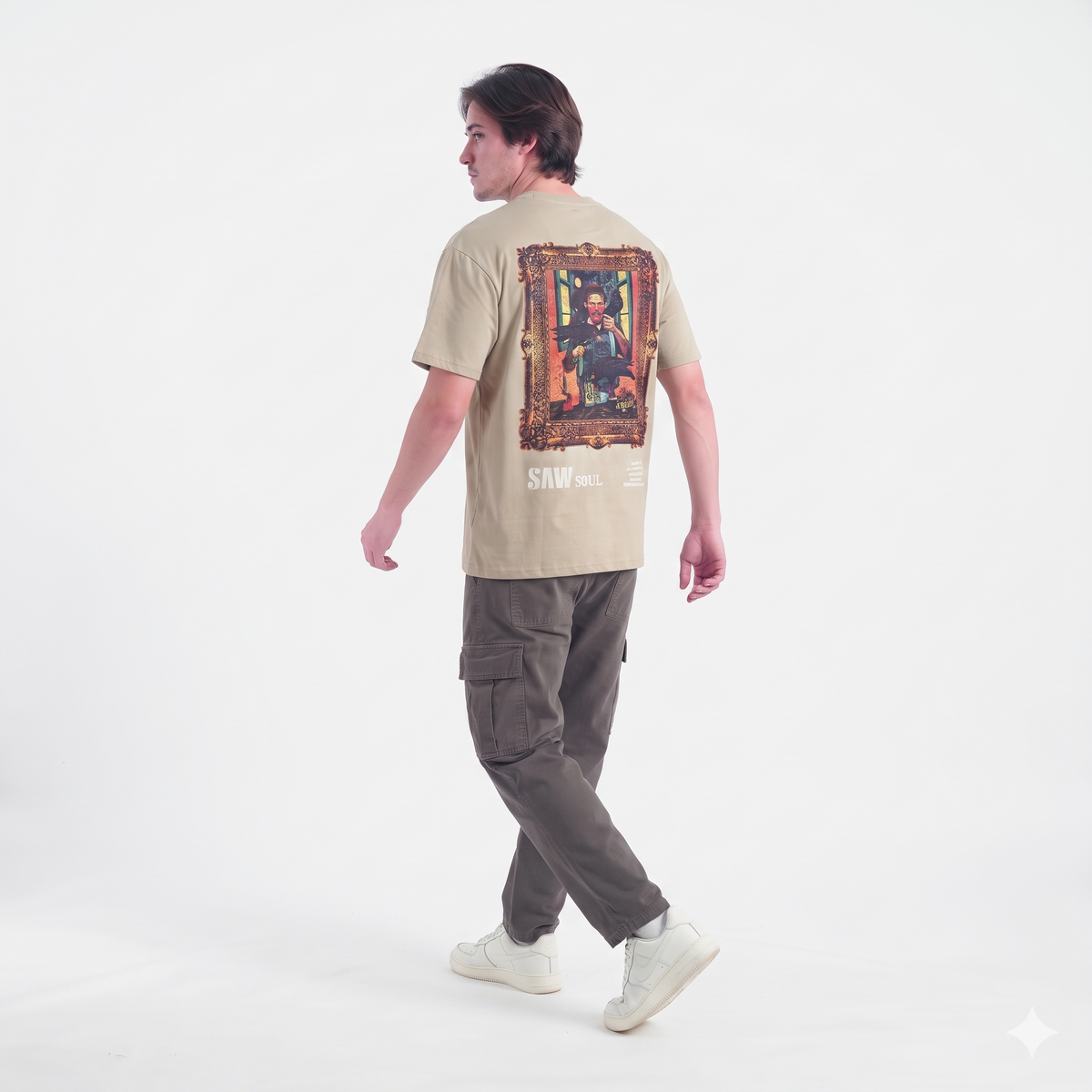 Clothora Men's Beige Saw Soul Van Gogh Art Print Oversized T-Shirt | Aesthetic Streetwear Tee(1055)