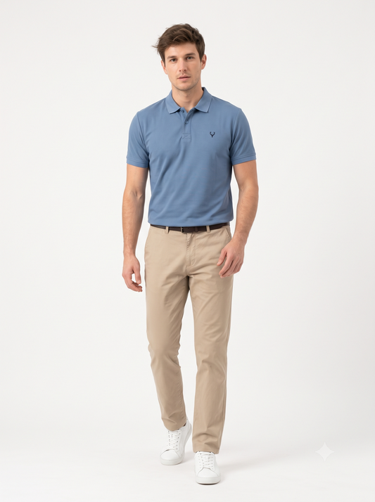 LGHT BLUE Wild Clothing Men Solid Old Money Style Textured Knitted Button Collar Polo T-Shirt (1031)