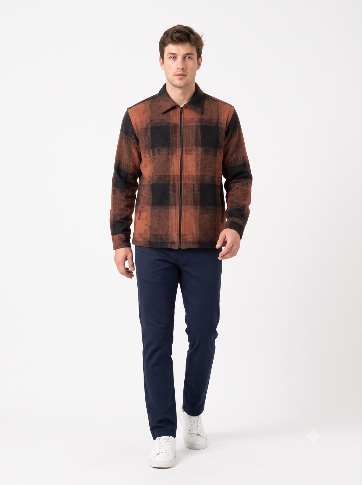RUST Men Vintage Checked Knitted Full-Zip Casual Overshirt Jacket | Classic Check Pattern Regular Fit Winter Over-Shirt(1053)