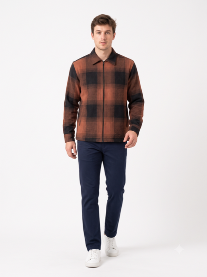RUST Men Vintage Checked Knitted Full-Zip Casual Overshirt Jacket | Classic Check Pattern Regular Fit Winter Over-Shirt(1053)