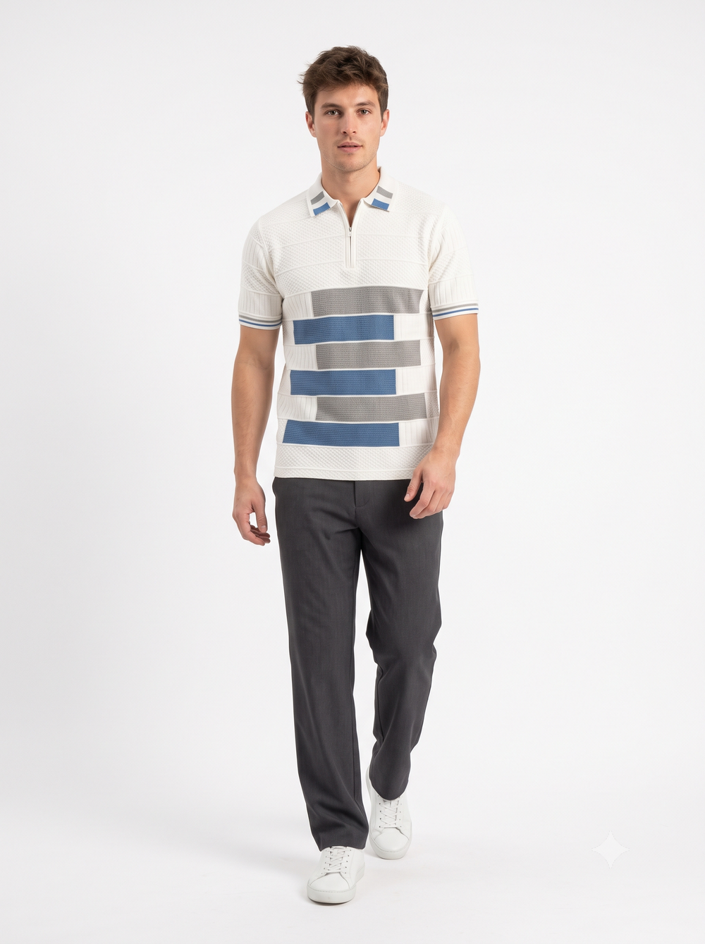 Men Solid Old Money Style Textured Knitted Zip Collar Polo T-Shirt