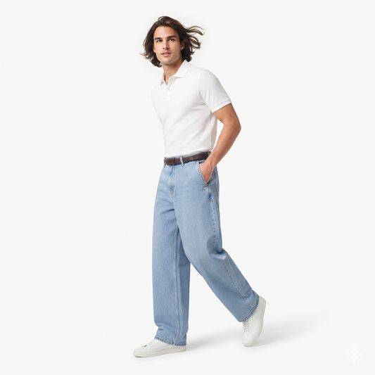 Clothora Men's Light Blue Vintage Wash Wide-Leg Baggy Jeans | Retro Streetwear Denim Pants(2013)