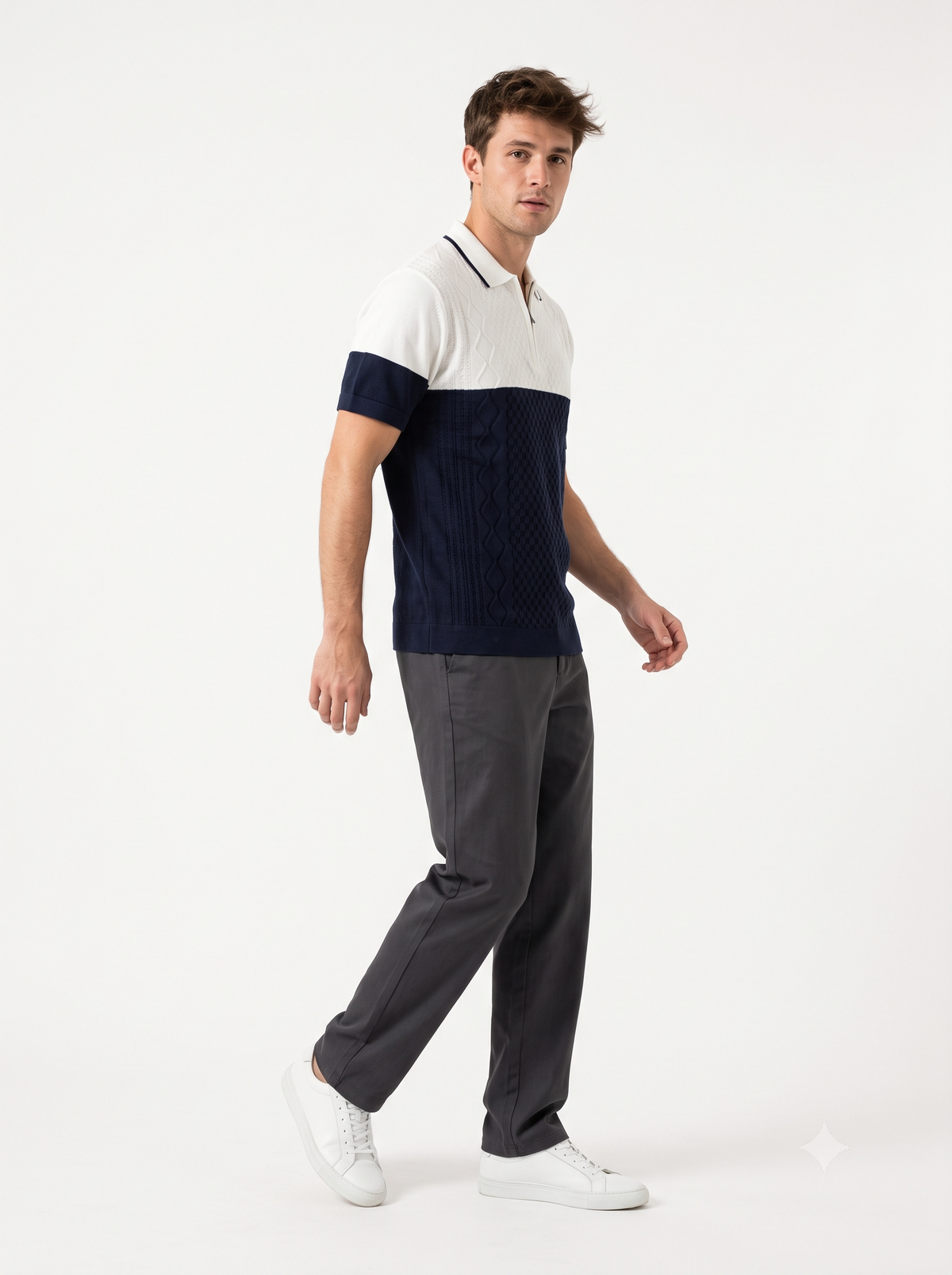 Men Solid Old Money Style Textured Knitted Colorblock Zip Collar Polo T-Shirt(1036)