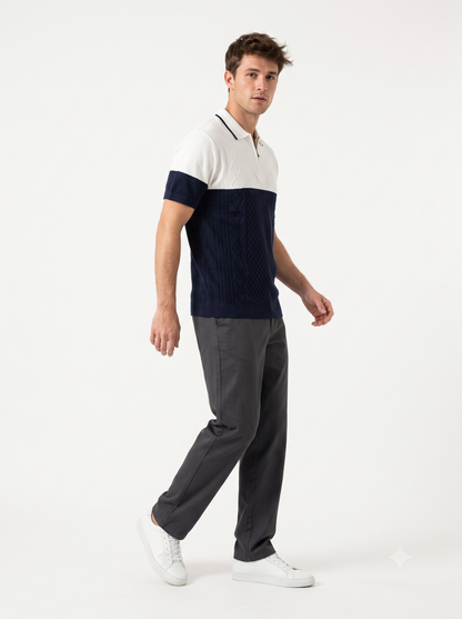 Men Solid Old Money Style Textured Knitted Colorblock Zip Collar Polo T-Shirt(1036)