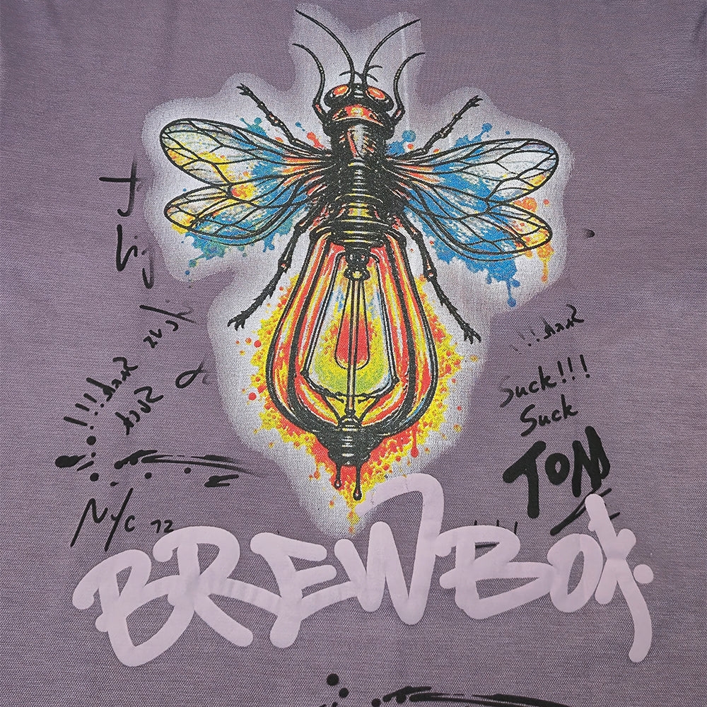 Clothora Men's Mauve Purple Brewbox Neon Bee Graphic Oversized T-Shirt | Aesthetic Streetwear Tee(1064)