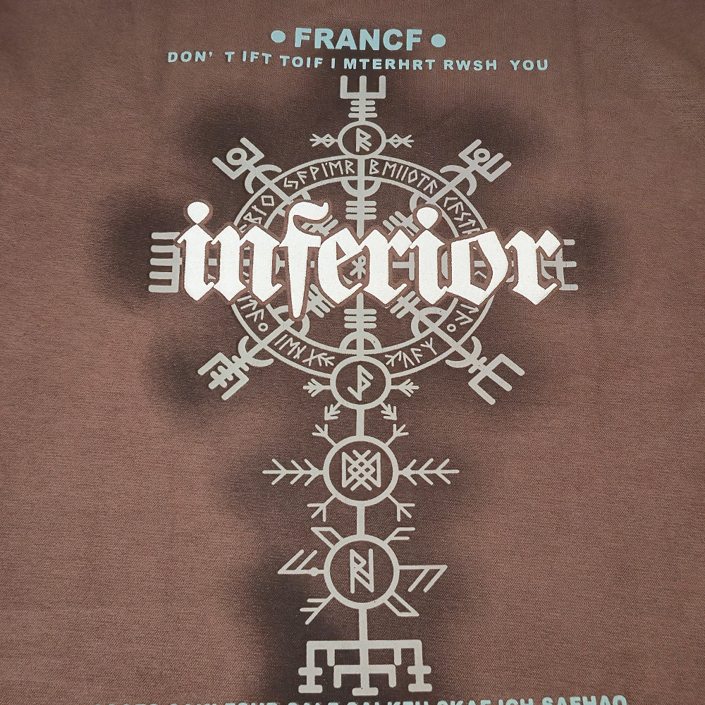 Clothora Men's Brown Inferior Rune Symbol Graphic Oversized T-Shirt | Heavyweight Streetwear Tee(1061)